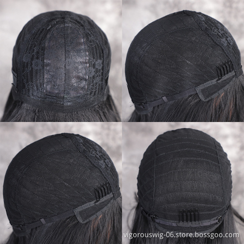Vigorous 28 inches Long Straight Black Wig Lace Heat Resistant Synthetic Wig With Bangs Natural Hair Wig for Black Women